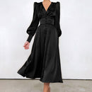 OOTN Beige Einreiher Sexy Kleid Party Clud Hohe Taille Satin Langes Kleid Elegant V-Ausschnitt Damen Midi Kleider Laternenärmel