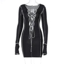 Simenual Lace Up Deep V Neck Ribbed Long Sleeve Bodycon Dresses Women Patchwork Hot Club Partywear Sexy Fashion Mini Dress Fall
