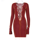 Simenual Lace Up Deep V Neck Ribbed Long Sleeve Bodycon Dresses Women Patchwork Hot Club Partywear Sexy Fashion Mini Dress Fall