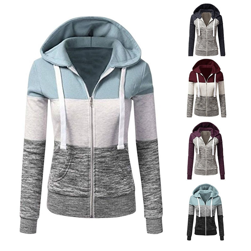 Frauen Sweatshirts Herbst Winter Hoodies Langarm Hoody Damen Reißverschlusstasche Patchwork Kapuzenpulli Weibliche Oberbekleidung