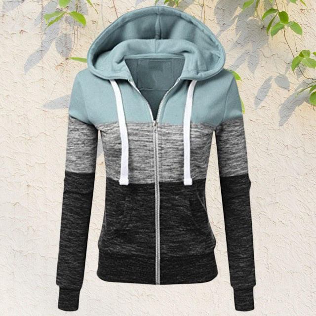 Women Sweatshirts Autumn Winter Hoodies Long Sleeve Hoody Ladies Zipper Pocket Patchwork Hooded Sweatshirt Female Outwear