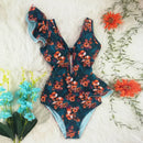 2021 New Sexy Ruffle Print Floral One Piece Swimsuit Off The Shoulder Swimwear Women Solid Deep-V Beachwear Bathing Suit Monkini