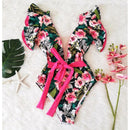 2021 New Sexy Ruffle Print Floral One Piece Swimsuit Off The Shoulder Swimwear Women Solid Deep-V Beachwear Bathing Suit Monkini