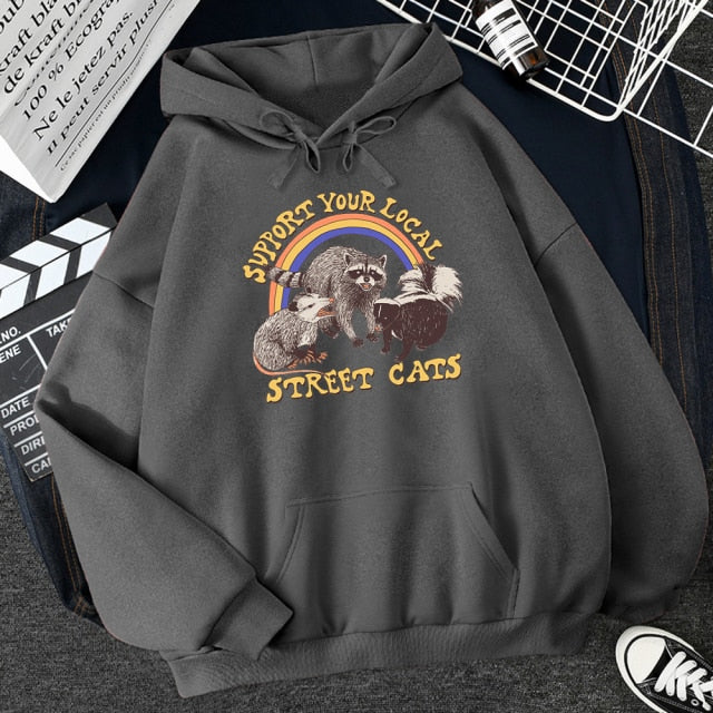 Support Your Local Street Cats Print Frauen Hoodie Cartoons Crewneck Kleidung Vintage Loose Sweatshirt Street Hip Hop Hoody Womens