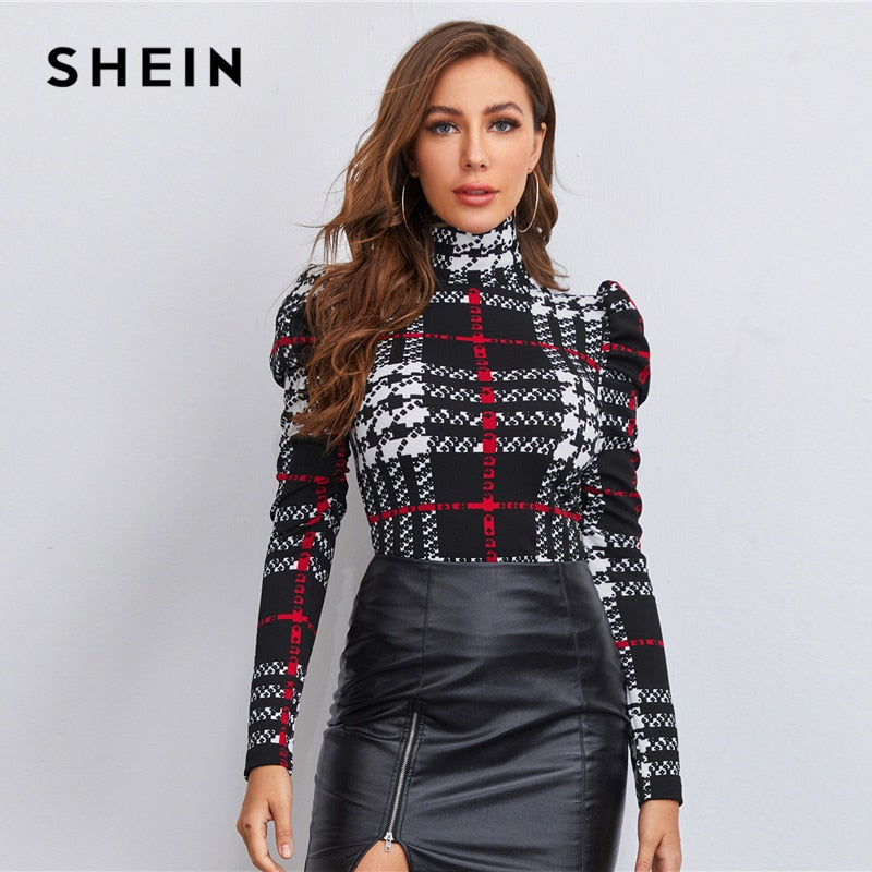 SHEIN High Neck Gigot Sleeve Plaid Top Women Spring Long Sleeve Slim Fit Tees Multicolor Elegant Office Lady T-shirts