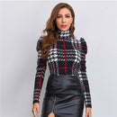 SHEIN High Neck Gigot Sleeve Plaid Top Women Spring Long Sleeve Slim Fit Tees Multicolor Elegant Office Lady T-shirts