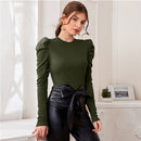 SHEIN Mock Neck Gigot Sleeve Rib-knit Tee Slim Fit Top Women 2021 Spring Office Lady Solid Skinny Elegant T-shirts