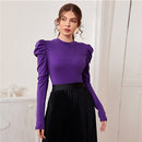 SHEIN Mock Neck Gigot Sleeve Rib-knit Tee Slim Fit Top Women 2021 Spring Office Lady Solid Skinny Elegant T-shirts