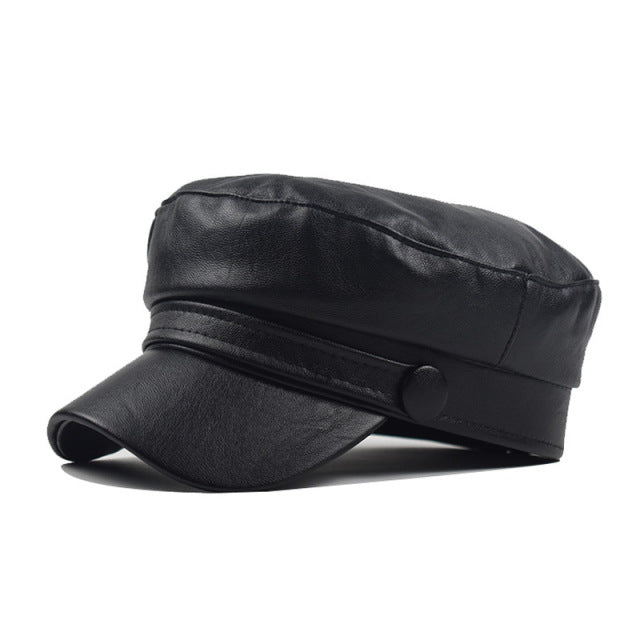 Gorras militares de cuero PU Unisex a la moda, sombreros de marinero para primavera y otoño para mujeres y hombres, gorra plana de capitán en negro y gris, sombrero de cadete de viaje