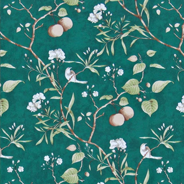 HaoHome Peach Tree Peel and Stick Wallpaper Papel tapiz verde Flor moderna y pájaro Papel tapiz autoadhesivo extraíble impermeable