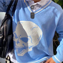 Rapcopter Y2K Pullover Skulls Pullover V-Ausschnitt Strickwaren Lose Lässige Strickoberteile Damen Streetwear Retro Tops Blau 2020 Herbst