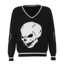 Rapcopter Y2K Pullover Skulls Pullover V-Ausschnitt Strickwaren Lose Lässige Strickoberteile Damen Streetwear Retro Tops Blau 2020 Herbst