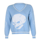 Rapcopter Y2K Pullover Skulls Pullover V-Ausschnitt Strickwaren Lose Lässige Strickoberteile Damen Streetwear Retro Tops Blau 2020 Herbst