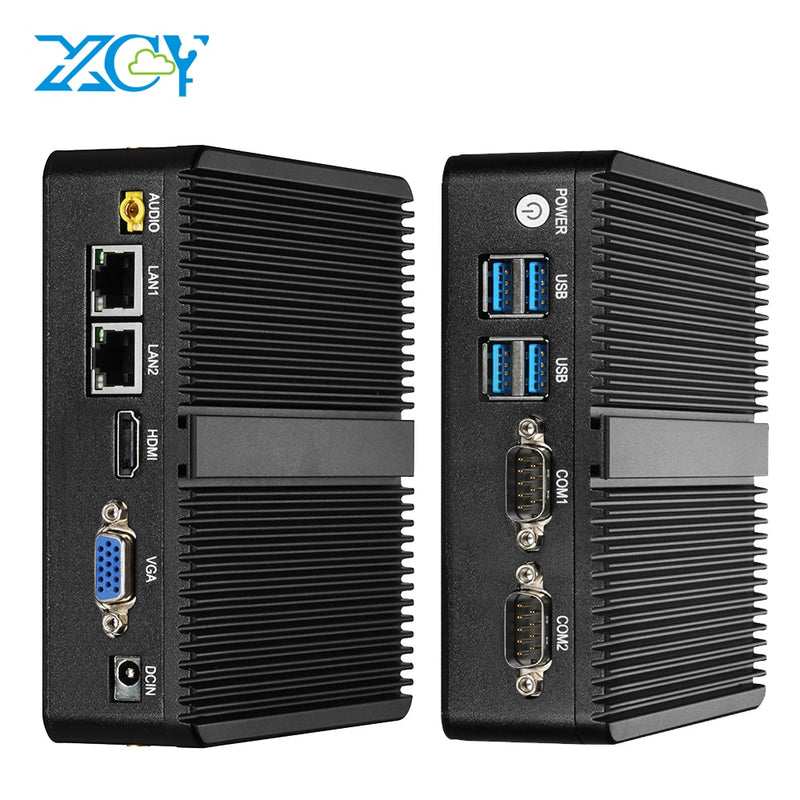 XCY Lüfterloser Mini-PC Intel Celeron N4100 Dual Gigabit Ethernet 2x RS232 HDMI VGA 4xUSB WiFi Windows 10 Linux Industriecomputer