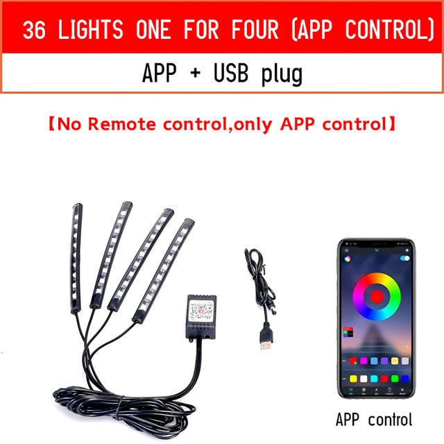 Led Auto Fuß Umgebungslicht mit USB Zigarettenanzünder Hintergrundbeleuchtung Musiksteuerung App RGB Auto Innenraum dekorative Atmosphäre Lichter