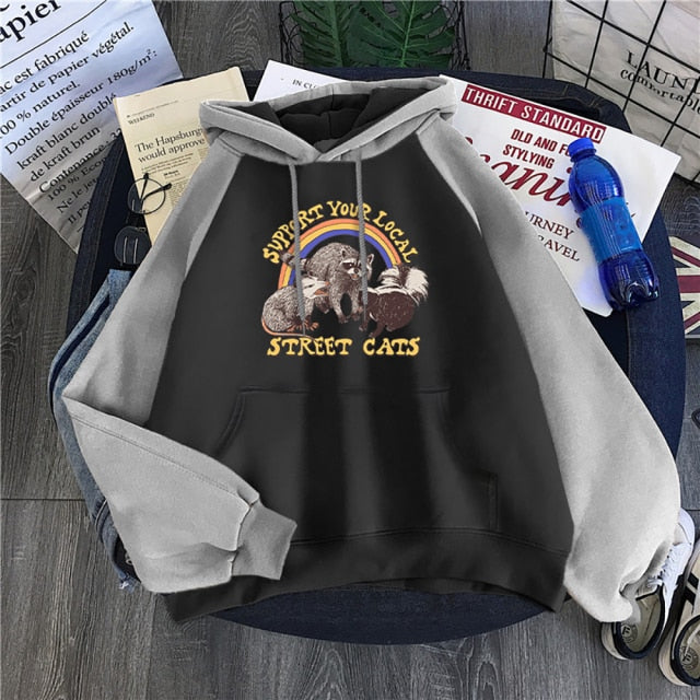 Support Your Local Street Cats Print Women Hoodie Cartoons Crewneck Clothes Vintage Loose Sweatshirt Street Hip Hop Hoody Womens