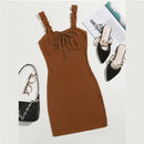 SHEIN Frill Trim Ruched Bust Tie Front Waffle Knit Pencil Cami Dress Women Spring Square Neck Bodycon Cute Slim Fit Mini Dresses