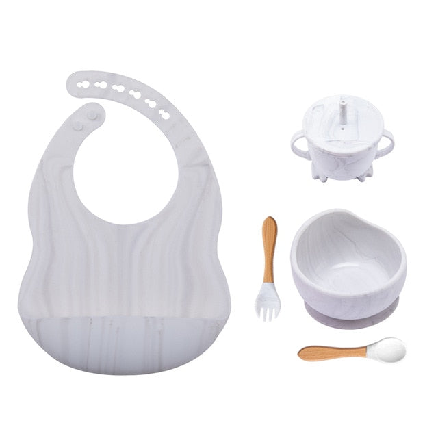 5 uds/1 Juego de cuenco de silicona para alimentación de bebé, vajilla, cuchara impermeable, vajilla antideslizante, platos de silicona sin BPA para vajilla de bebé