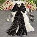 Autumn Sexy Polka Dot Romper Women Elegant V-Neck Puff Short Sleeve High Waist Jumpsuit Female Loose Wide Leg Playsuits Fashion