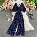 Autumn Sexy Polka Dot Romper Women Elegant V-Neck Puff Short Sleeve High Waist Jumpsuit Female Loose Wide Leg Playsuits Fashion