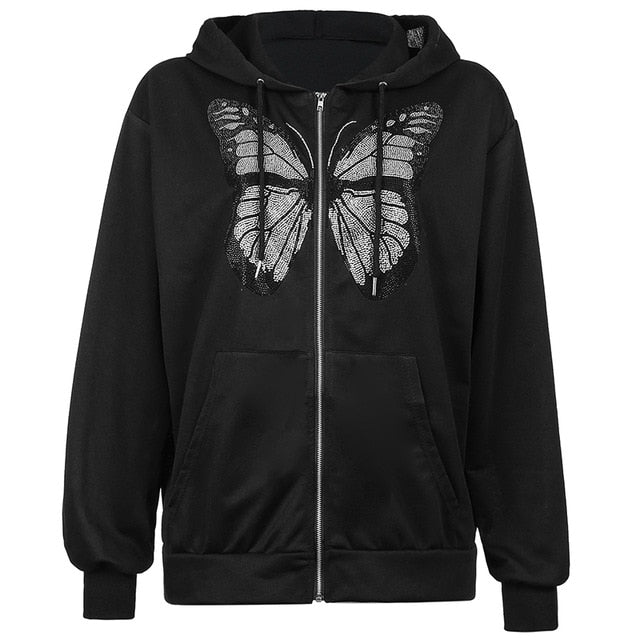 IAMSURE patrón de mariposa cremallera Up Casual suelta 90s sudaderas con capucha otoño y2k moda manga larga gris sudaderas de gran tamaño para mujeres