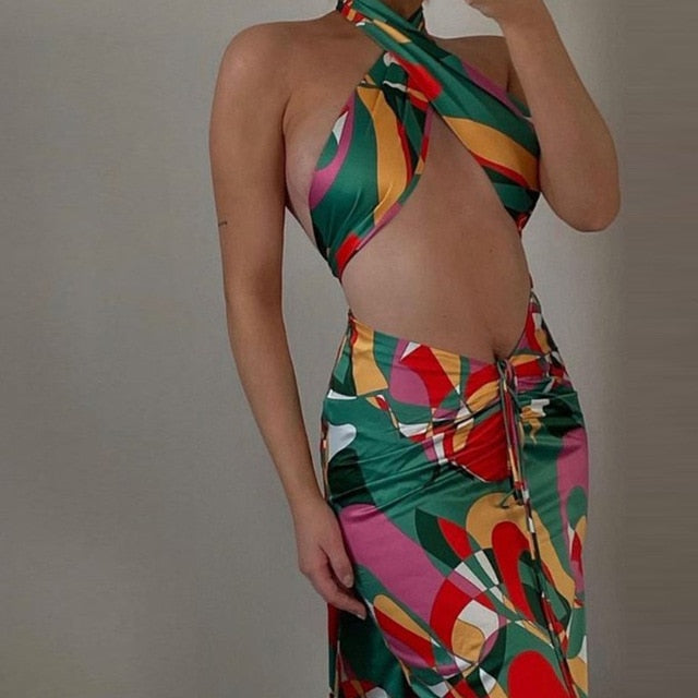 2021 Sexy Print Trainingsanzug Frau Zweiteiler Boho Outfit Anzüge Halfter Bandage Tanks und geraffte Midiröcke mit Kordelzug Passende Sets