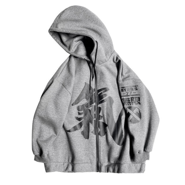 Men's Velvet Hooded Chinese Characters Plush Winter Loose Couple Zipper Hip Hop Harajuku Streetwear Cotton Hoodie Oversized