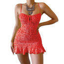 MoneRffi 2021 Summer V Neck Floral Print Dress Women Off Shoulder Ruffle Party Dress Sexy Lace-Up Backless Mini Dresses Vestidos