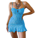 MoneRffi 2021 Summer V Neck Floral Print Dress Women Off Shoulder Ruffle Party Dress Sexy Lace-Up Backless Mini Dresses Vestidos