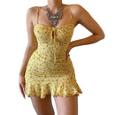 MoneRffi 2021 Summer V Neck Floral Print Dress Women Off Shoulder Ruffle Party Dress Sexy Lace-Up Backless Mini Dresses Vestidos