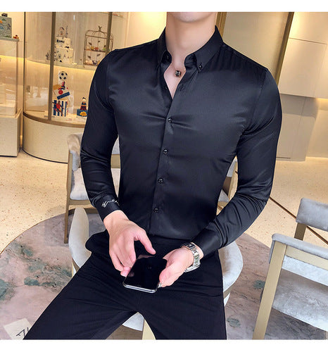 Bordado de escote Camisas para hombre Manga larga Casual Slim Fit Hombres Camisas de vestir Color sólido Formal Business Social Ropa Blusa