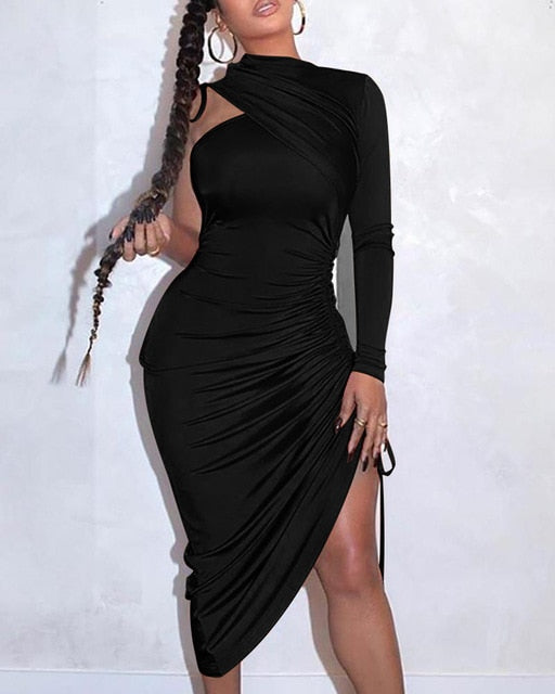 Sexy One-Shoulder-Kleid mit Kordelzug und Rüschen, figurbetontes Kleid für Frauen, solide, langärmlige Wadenmitte, Nachtclub-Partykleid