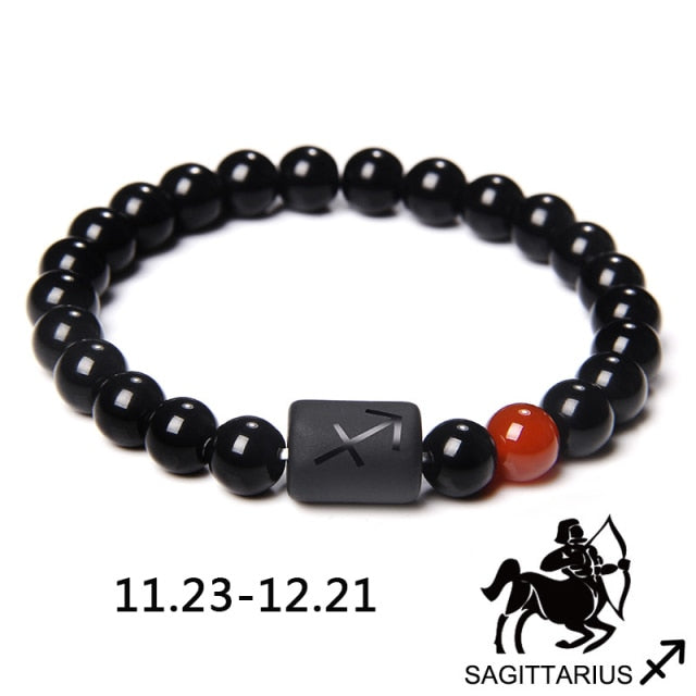 12 Constelación Signos del zodiaco Cuentas Parejas Pulsera Piedra de ónix negro natural Pulsera elástica para mujeres Hombres Regalo de cumpleaños