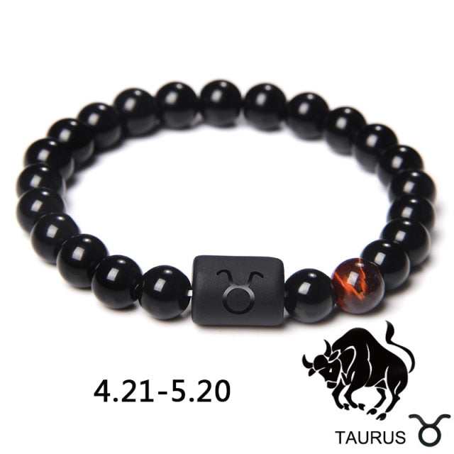 12 Constelación Signos del zodiaco Cuentas Parejas Pulsera Piedra de ónix negro natural Pulsera elástica para mujeres Hombres Regalo de cumpleaños