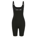 hirigin Backless One Piece Women Rompers Ribbed Bodycon Sleeveless Workout Playsuits Fashion Letter Embroidery Sporty Outfit