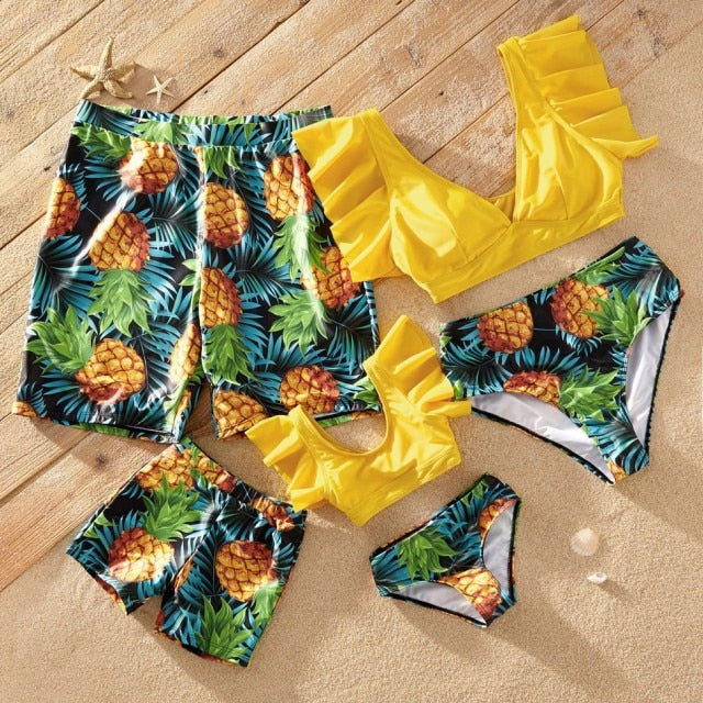 PatPat 2021 New Summer Ruffle Sleeve Swimsuits Family Look Pineapple full print Yellow Sets Family Matching Swimwear