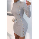 Herbst-Frauen-Kleid-reizvolles dünnes Minipartei-Damen-Kleid-Frühlings-Art- und Rippenstricken Oansatz langärmliges einreihiges Kleid