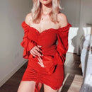 Yojoceli sexy gerafftes Kleid mit Blumendruck, Damen, quadratischer Ausschnitt, lange Ärmel, dünnes Minikleid, Chiffonkleid