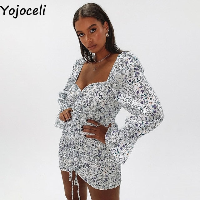 Yojoceli sexy gerafftes Kleid mit Blumendruck, Damen, quadratischer Ausschnitt, lange Ärmel, dünnes Minikleid, Chiffonkleid