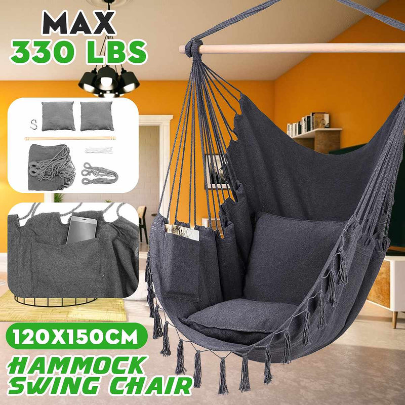 Outdoor Indoor Hanging Hammock Chair Swing Camping Garden Load 150KG With 2 X Seat Cushions