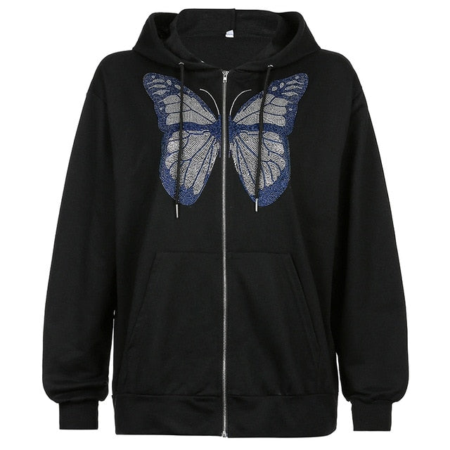 IAMSURE patrón de mariposa cremallera Up Casual suelta 90s sudaderas con capucha otoño y2k moda manga larga gris sudaderas de gran tamaño para mujeres