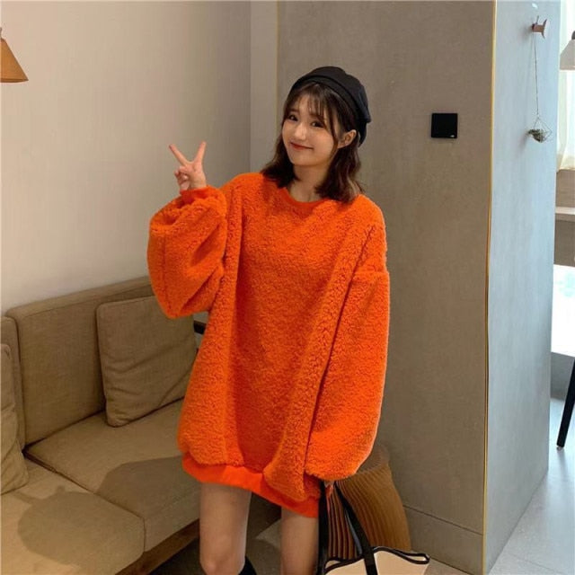 Tops holgados encantadores coreanos para mujer, nuevo suéter holgado negro de calle alta para mujer, ropa de calle de otoño para niñas, suéter naranja