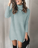 Fashion Turtleneck Long Sleeve Sweater Dress Women 2020 Autumn Winter Loose Tunic Knitted Casual Pink Gray Clothes Solid Dresses