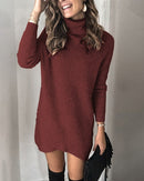 Fashion Turtleneck Long Sleeve Sweater Dress Women 2020 Autumn Winter Loose Tunic Knitted Casual Pink Gray Clothes Solid Dresses