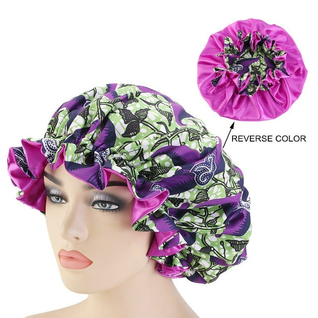 Neue feste Frauen-Satin-Mütze-Art- und Weisefleck-seidige große Mütze für Dame-Schlaf-Kappe Headwrap-Hut-Haar-Verpackungs-Zusatz-Großverkauf