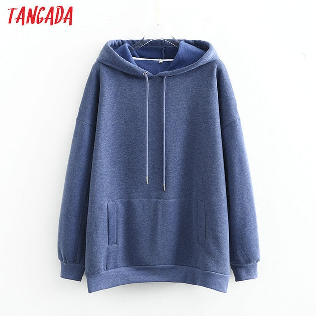Tangada women fleece hoodie sweatshirts winter japanese fashion 2020 oversize ladies pullovers warm pocket hooded jacket SD60