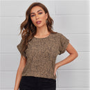 SHEIN Black and White All Over Print Top Women Summer Round Neck Roll Up Sleeve Casual Tops and Blouses