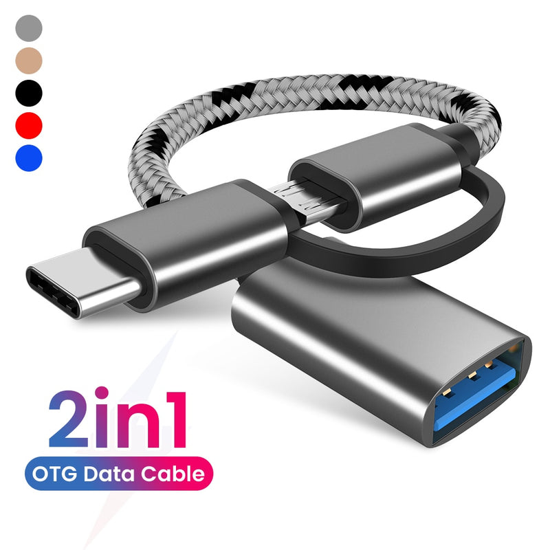 Cable adaptador OTG 2 en 1 trenzado de nailon USB 3,0 a Micro USB tipo C adaptador de sincronización de datos para Huawei para MacBook U disco tipo C OTG