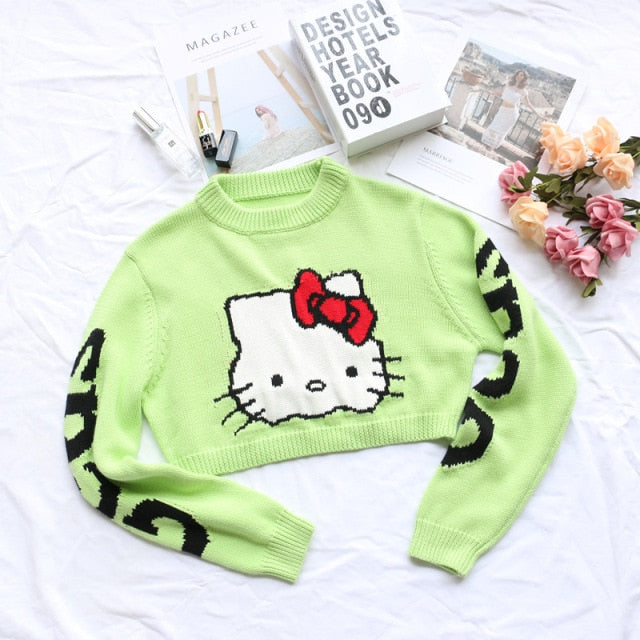 2021 nueva ropa de otoño para mujer Europa y América Kitty Cat letra jacquard suéter de punto corto para mujer suéter grueso