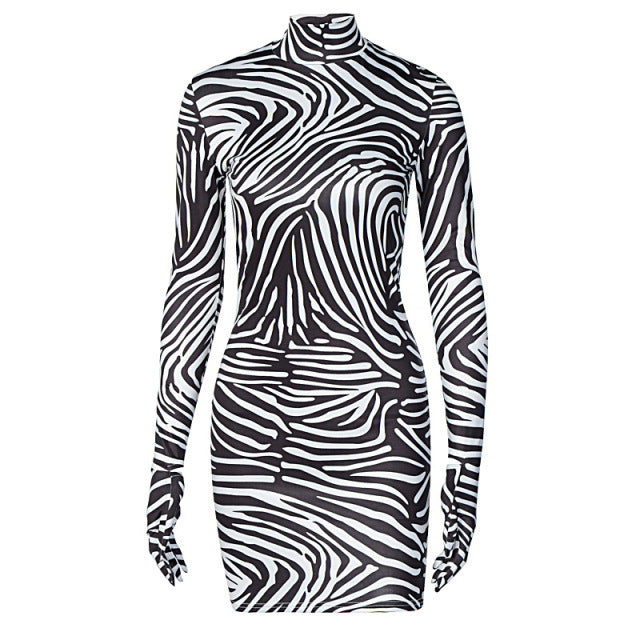 Artsu Zebra Print Women Mini Dress Long Sleeve With Gloves Turtleneck Bodycon Sexy Dresses Autumn Winter Slim Club 42016